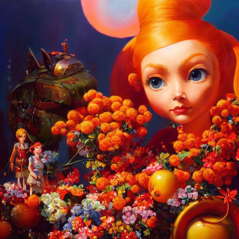 Colorful artwork with large-headed girl, small characters, flowers, and whimsical tank