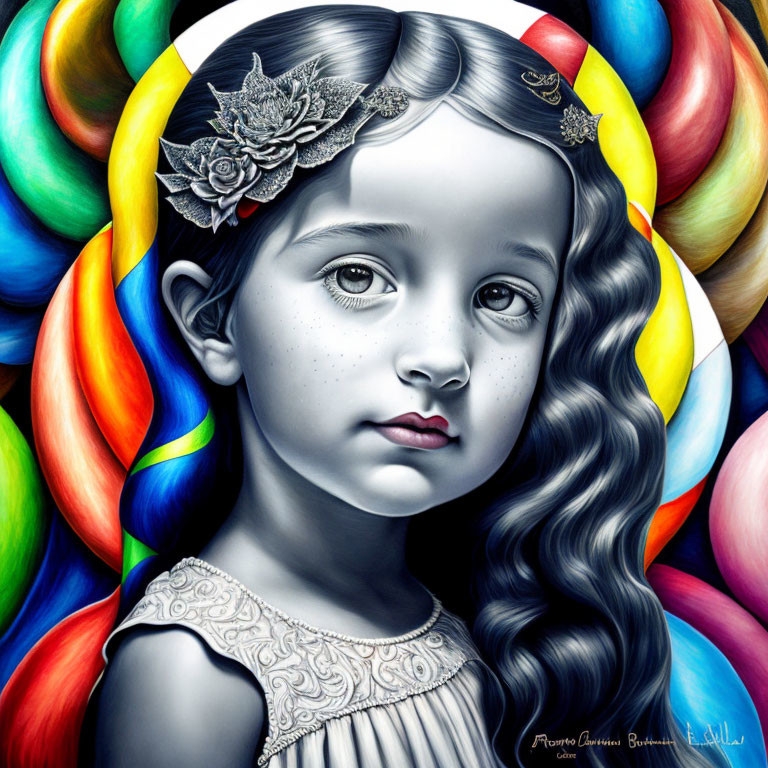 Detailed illustration of young girl with black and white features and colorful hair.