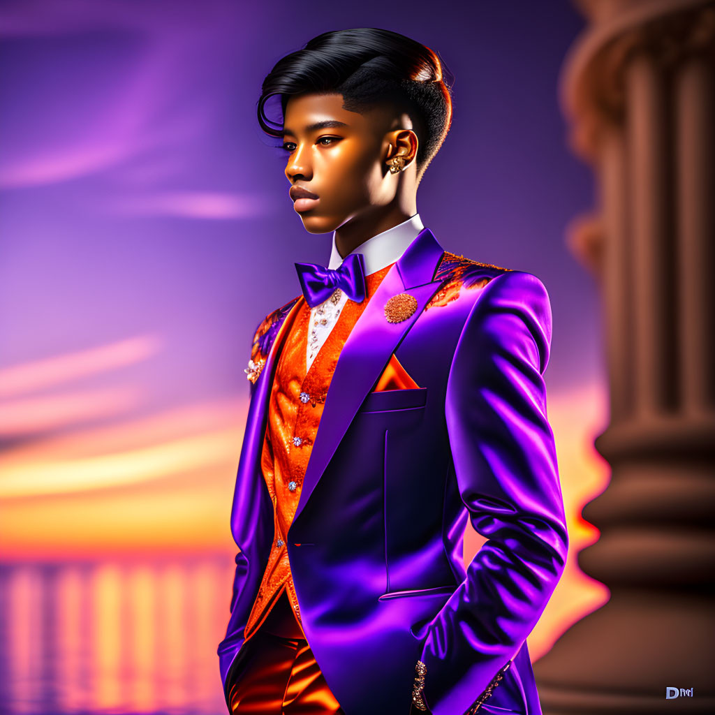 Stylish person in purple suit and orange vest posing confidently at sunset