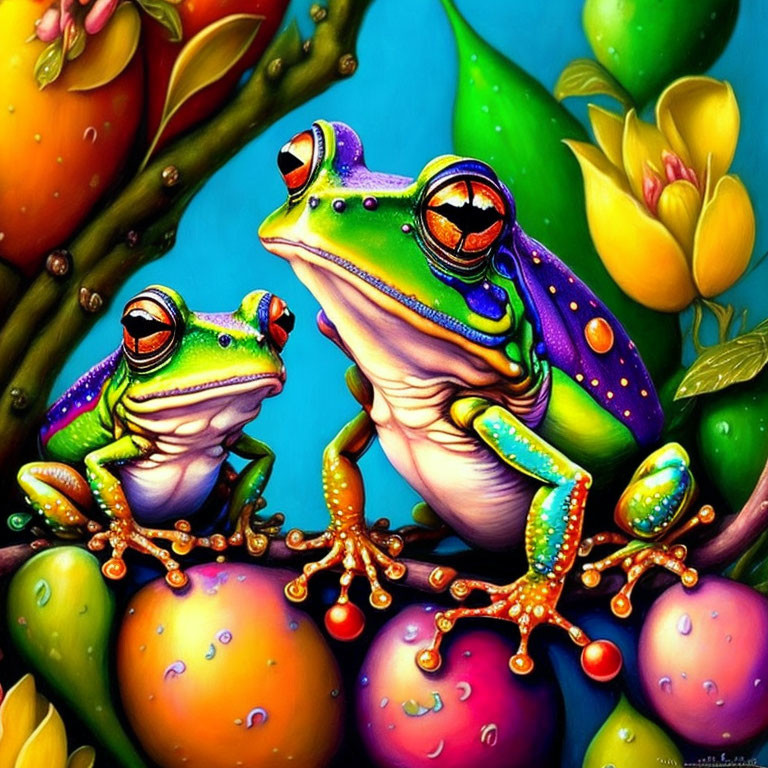 Colorful Stylized Frogs on Branches in Vibrant Nature Scene