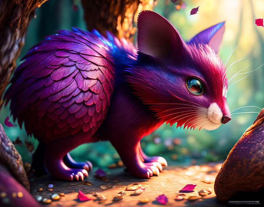 Colorful digital artwork: Fantastical feline creature in purple fur with expressive eyes in whimsical