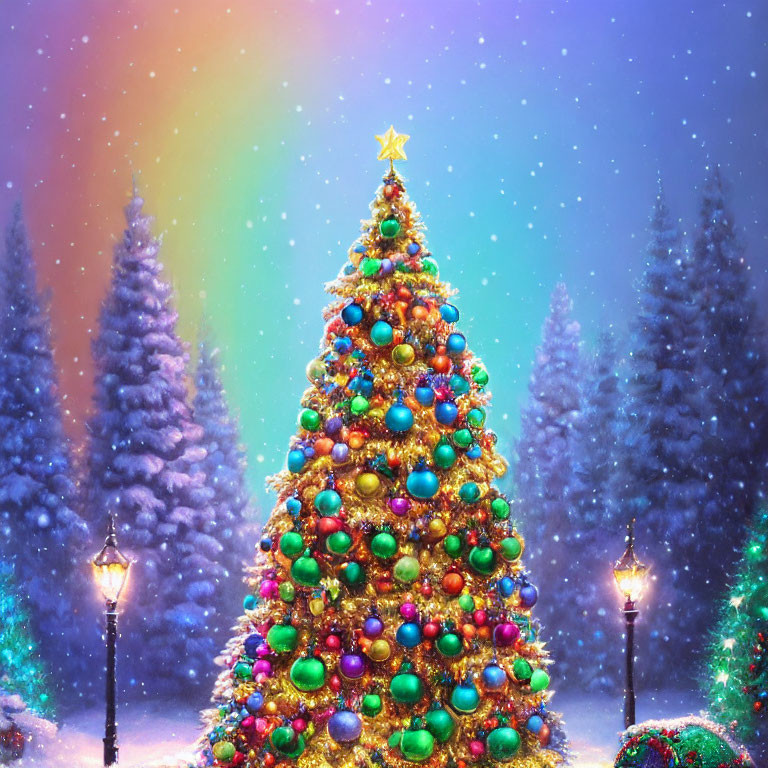 Colorful Ornaments on Vibrant Christmas Tree in Snowy Landscape