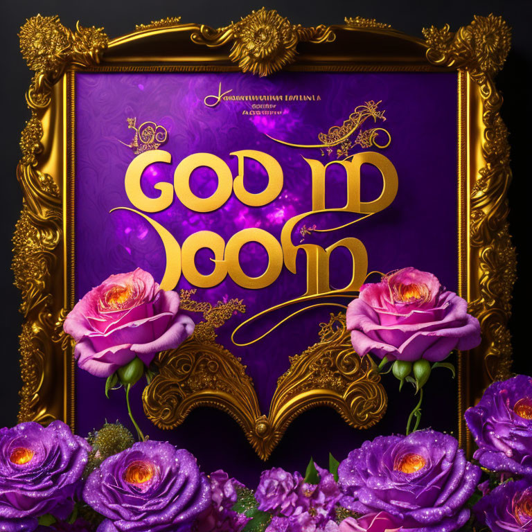 Colorful artwork: "GOOD MOOD" in gold script on purple background with pink roses