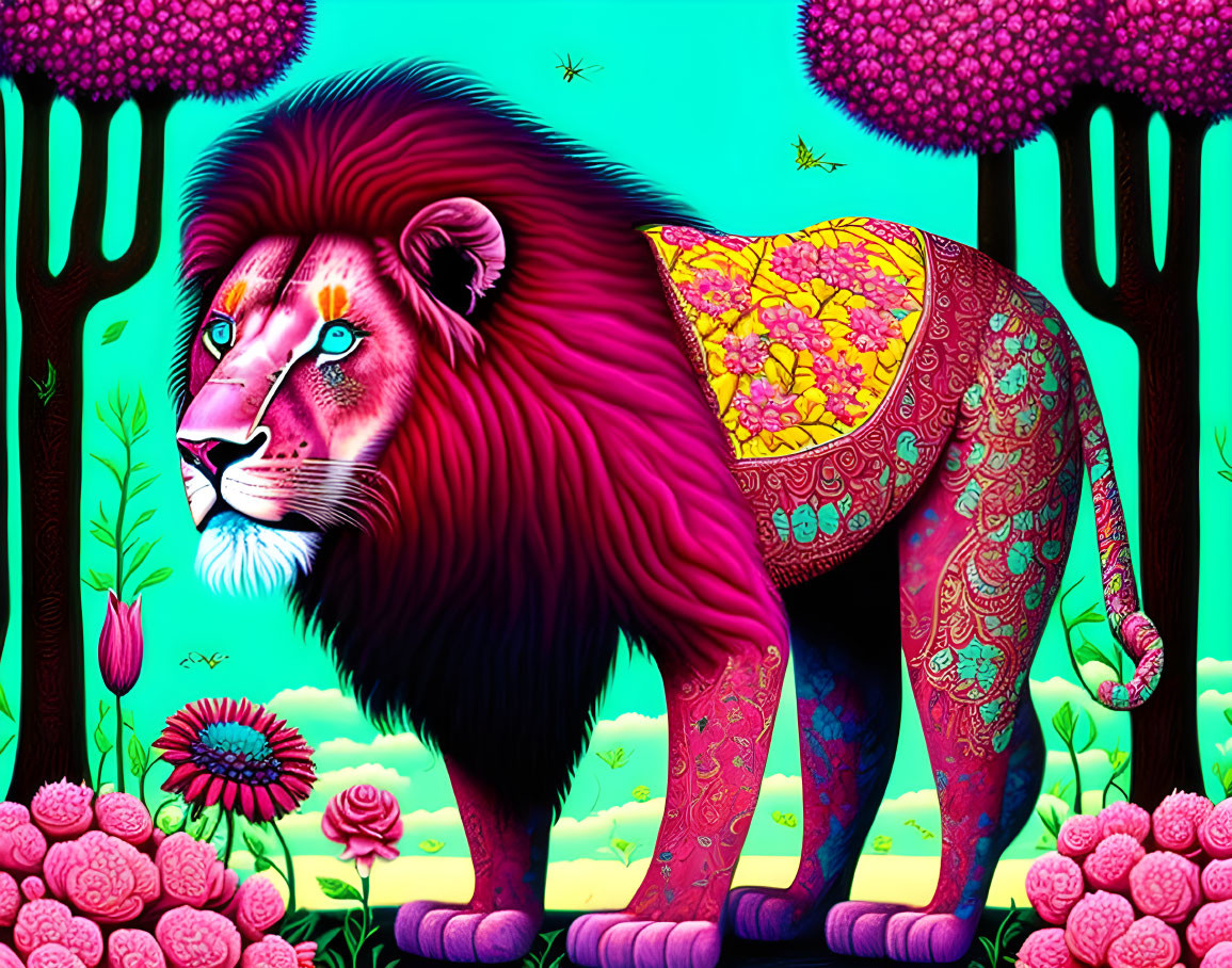 Colorful Lion Illustration in Fantasy Setting