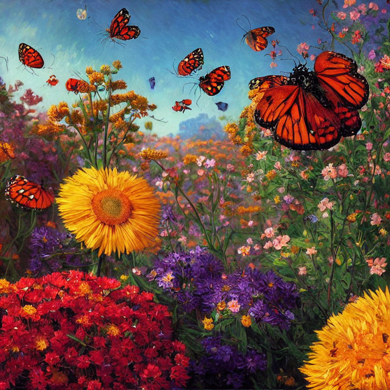 Colorful Flowers and Monarch Butterflies in Vibrant Garden