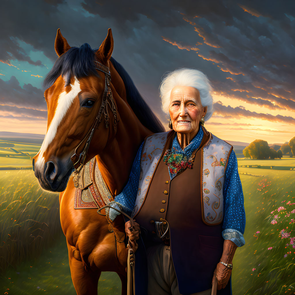 Elderly woman with white hair standing beside brown horse in field at sunset