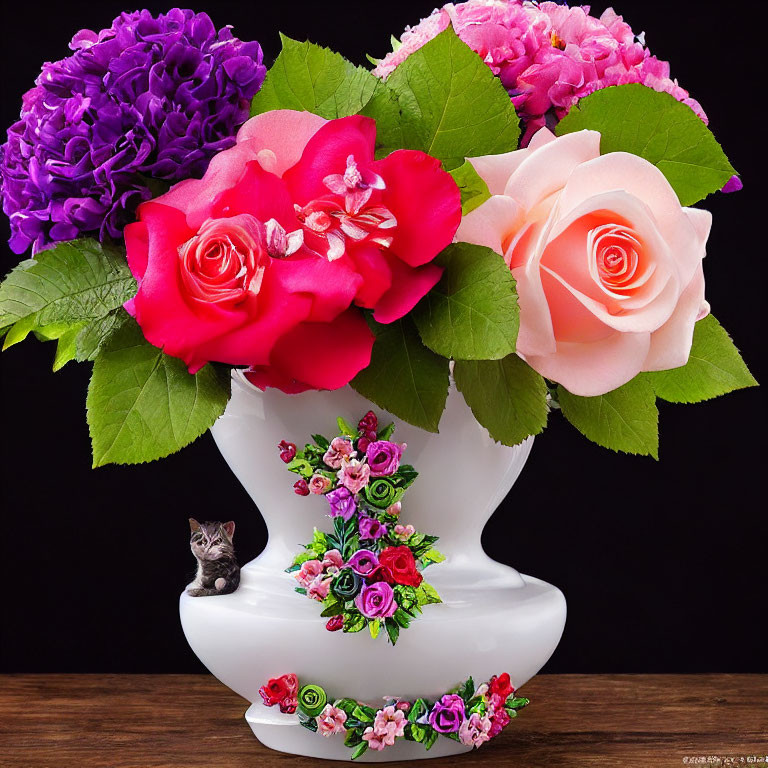 Colorful Flower Arrangement in White Vase with Kitten Figurine