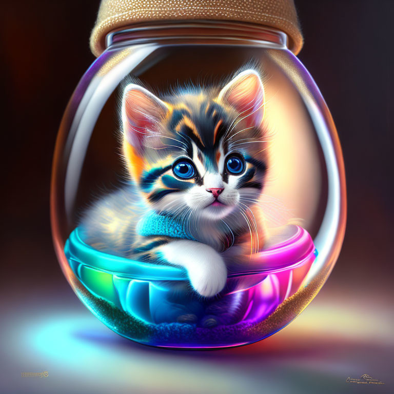 Digital Artwork: Adorable kitten in bubble with cushion