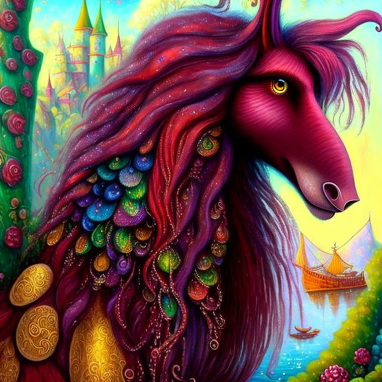 Colorful Fantasy Creature with Horse-like Profile and Castle Ship Background