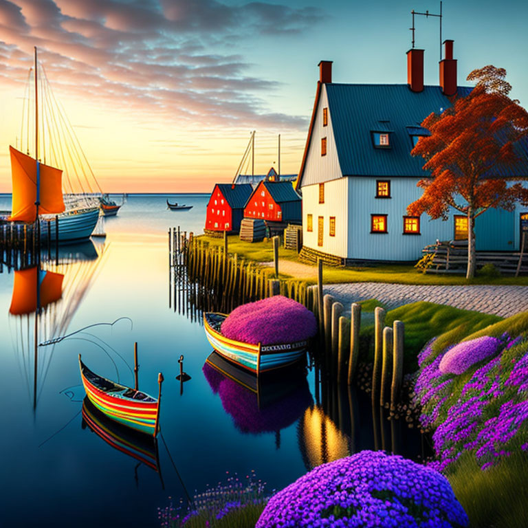 Scenic harbor with colorful boats, vibrant blooms, and quaint houses at sunset