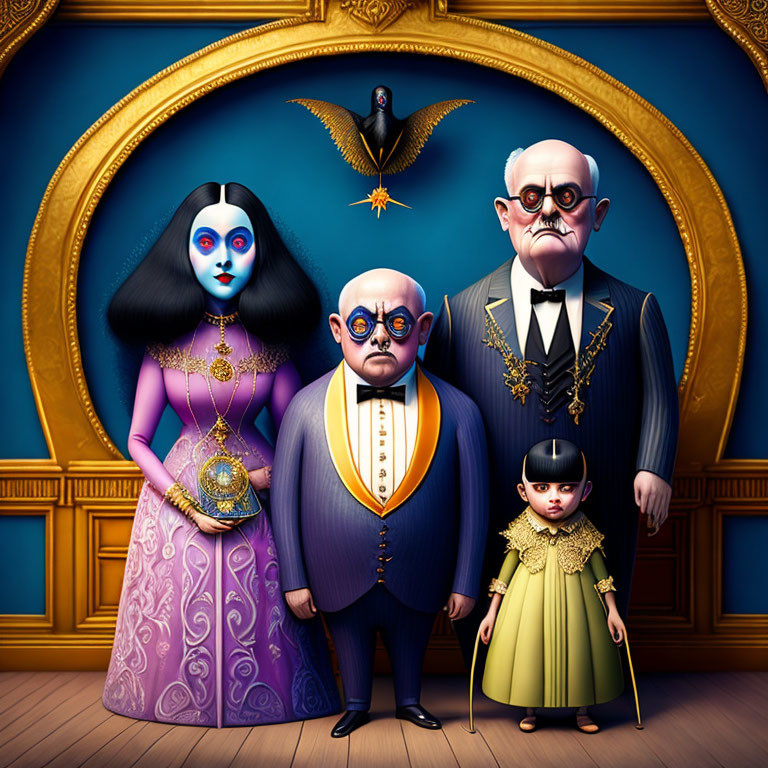 Stylized Addams Family illustration with Gomez, Morticia, Uncle Fester, Wednesday in orn