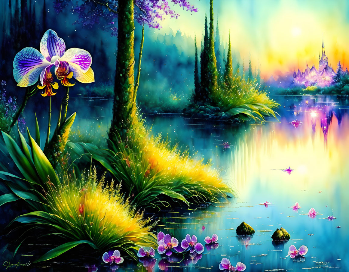 Serene lakeside scene with blooming flowers and mystical castle