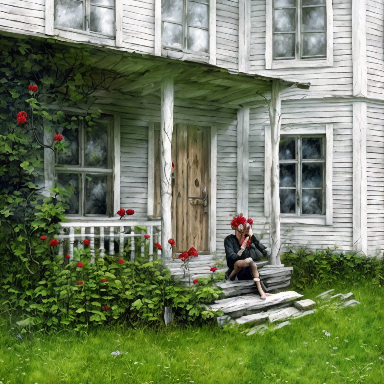 Person sitting on weathered porch step of white house with lush greenery and red flowers.