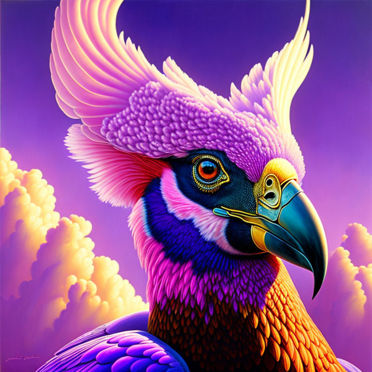 Colorful Bird Illustration with Crest Plumage in Purple, Yellow, and Pink