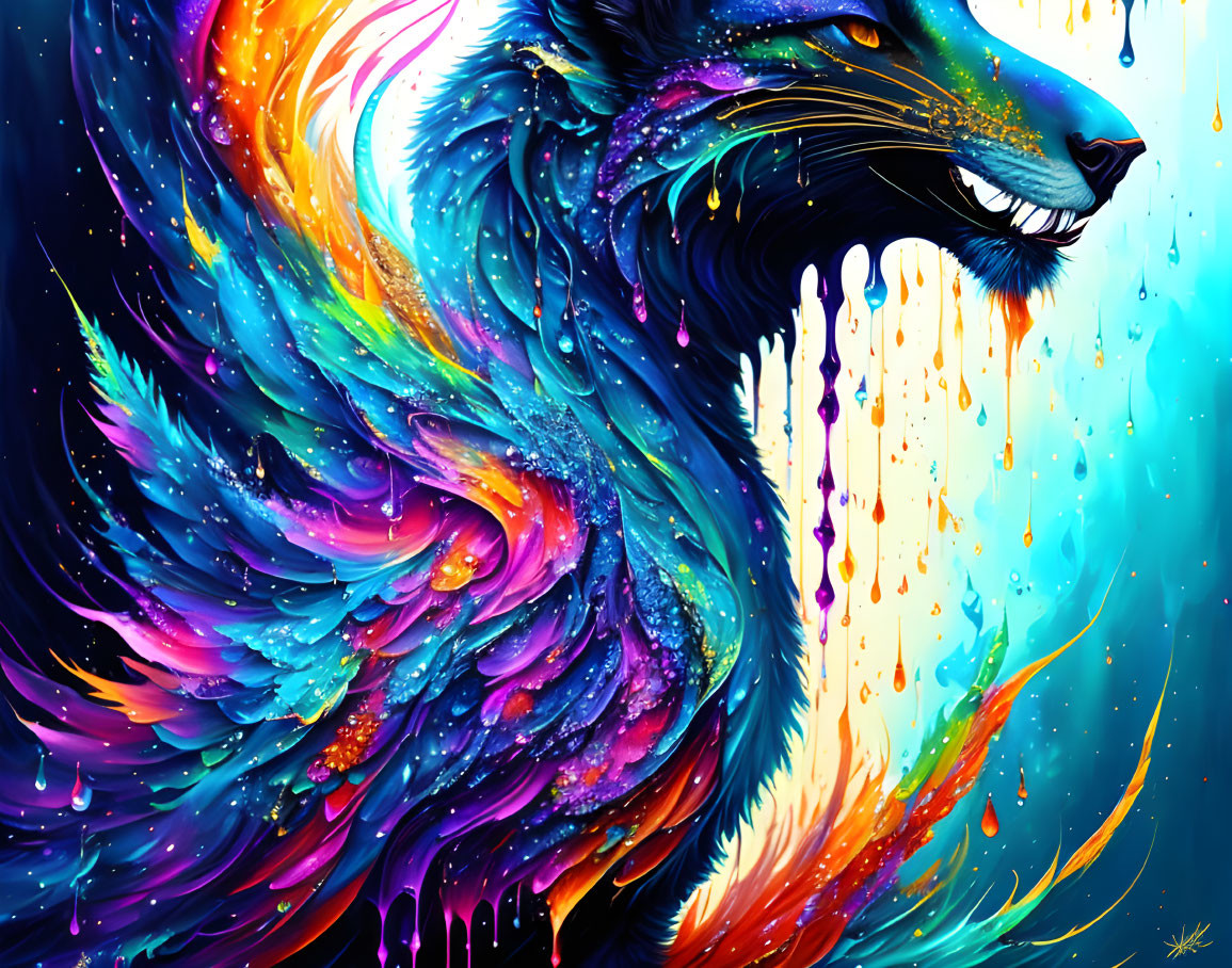 Abstract winged creature with feline features in vibrant blue, purple, and orange hues