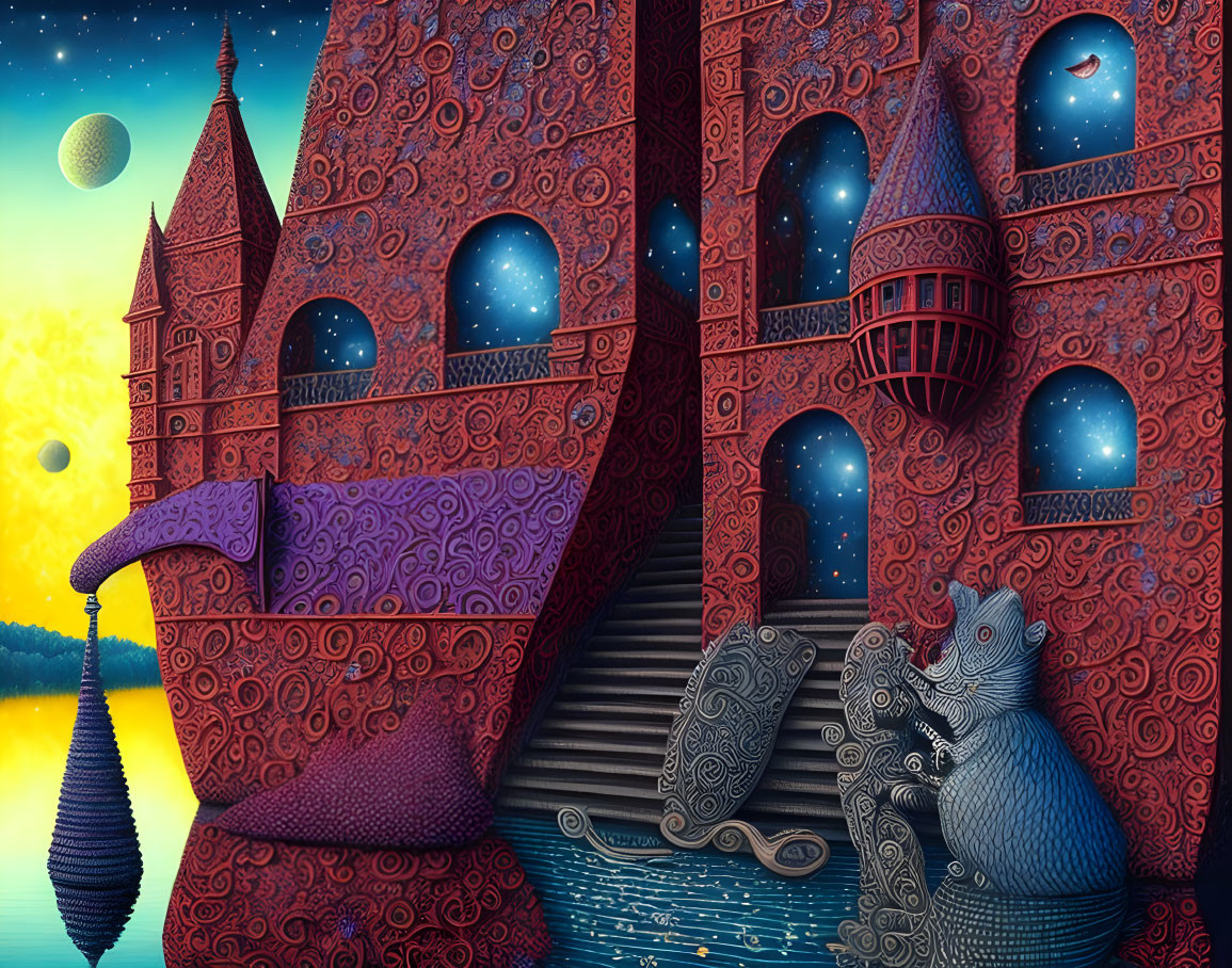 Colorful Surrealist Building with Whimsical Design and Night Sky Creature