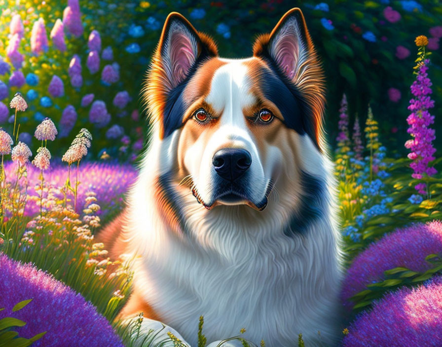 Tricolor dog in vibrant flower garden with bright eyes