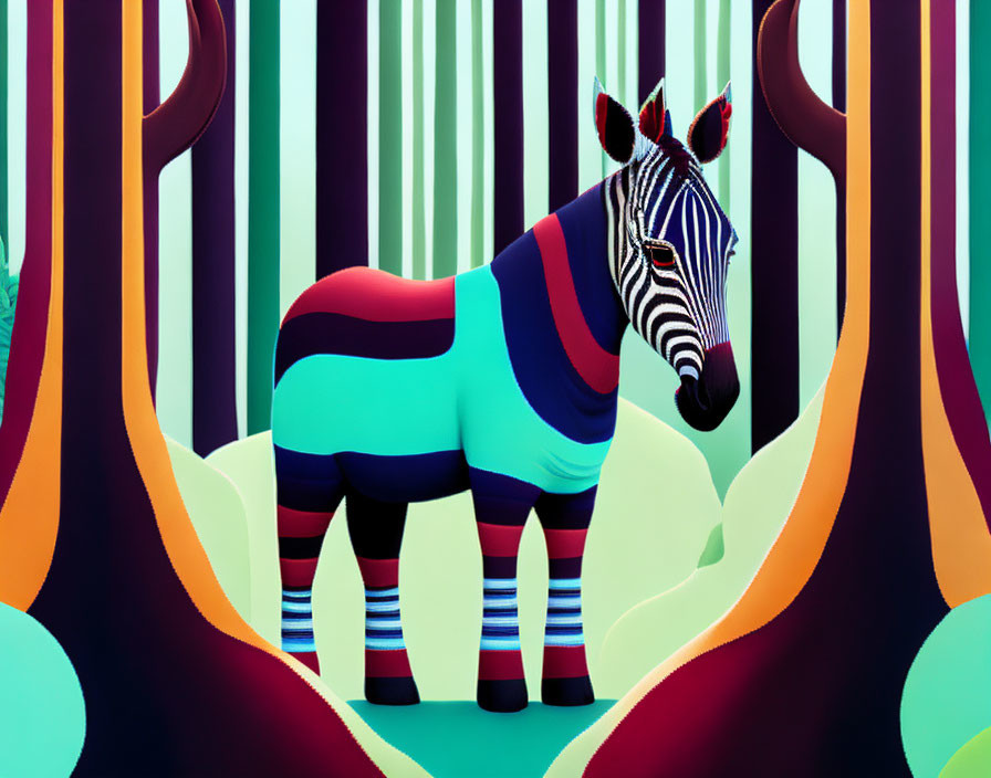 Colorful Zebra Illustration with Rainbow Stripes on Abstract Background