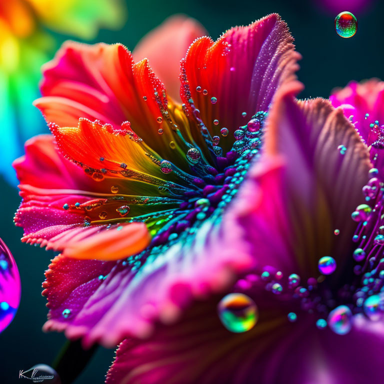 Colorful Flower Petals with Water Droplets in Macro Shot