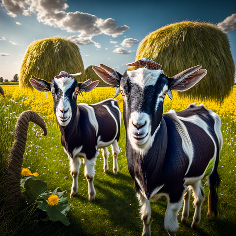 Two goats in sunny meadow with hay bales and wildflowers under blue sky