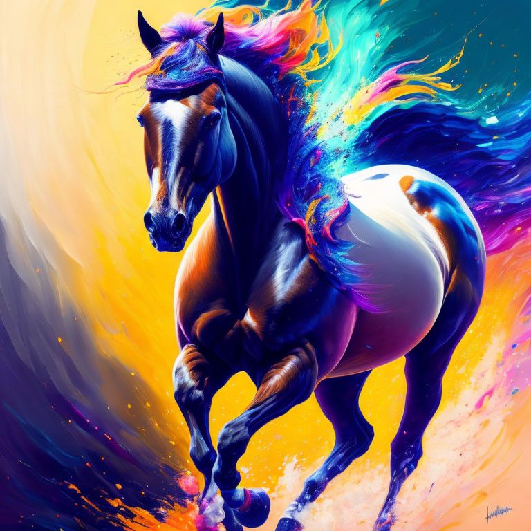 Colorful horse digital painting with dynamic mane and tail