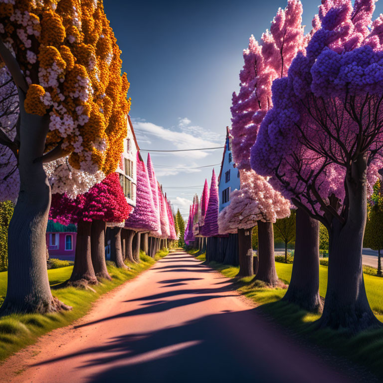 Multicolored trees casting shadows on a vivid path with a house in view