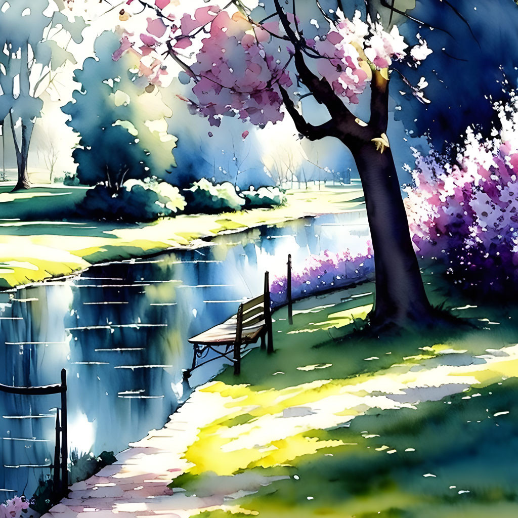 Tranquil riverside watercolor with blooming trees and wooden dock