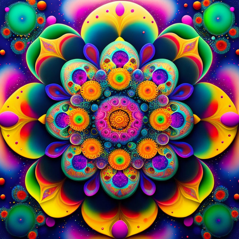 Symmetrical Lotus Flower Fractal in Vibrant Neon Colors