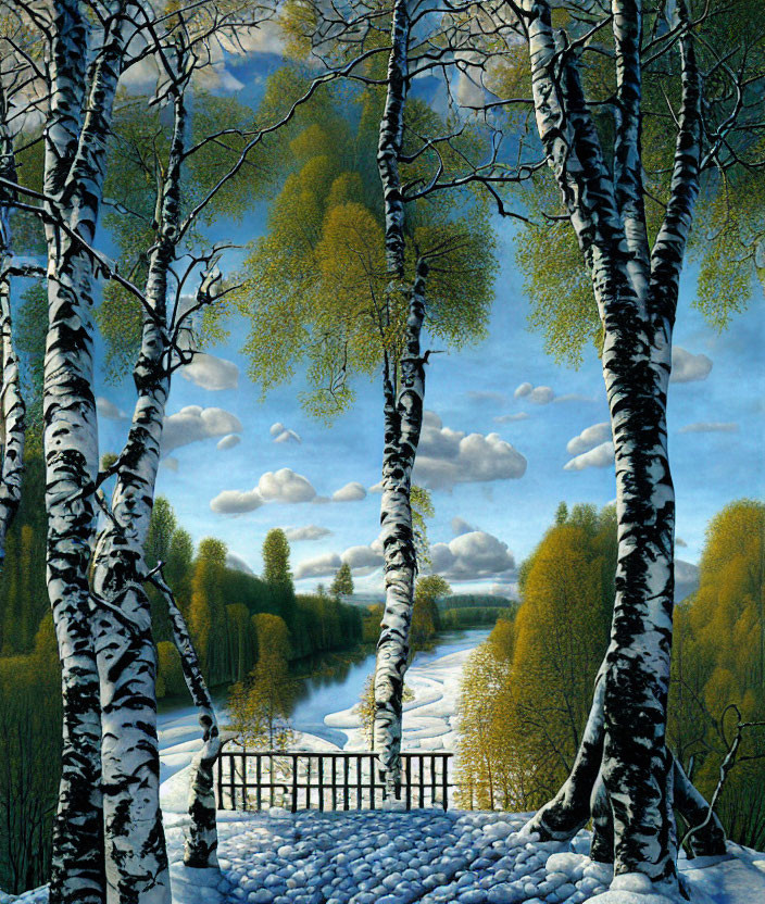 Tranquil landscape with birch trees, river, and bridge