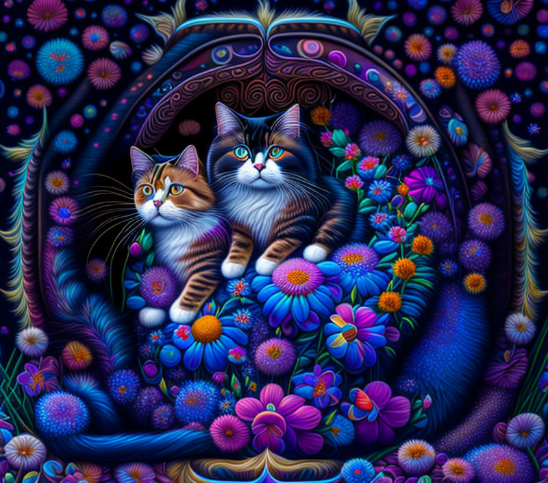 Two alert cats amid vibrant flowers on dark blue background