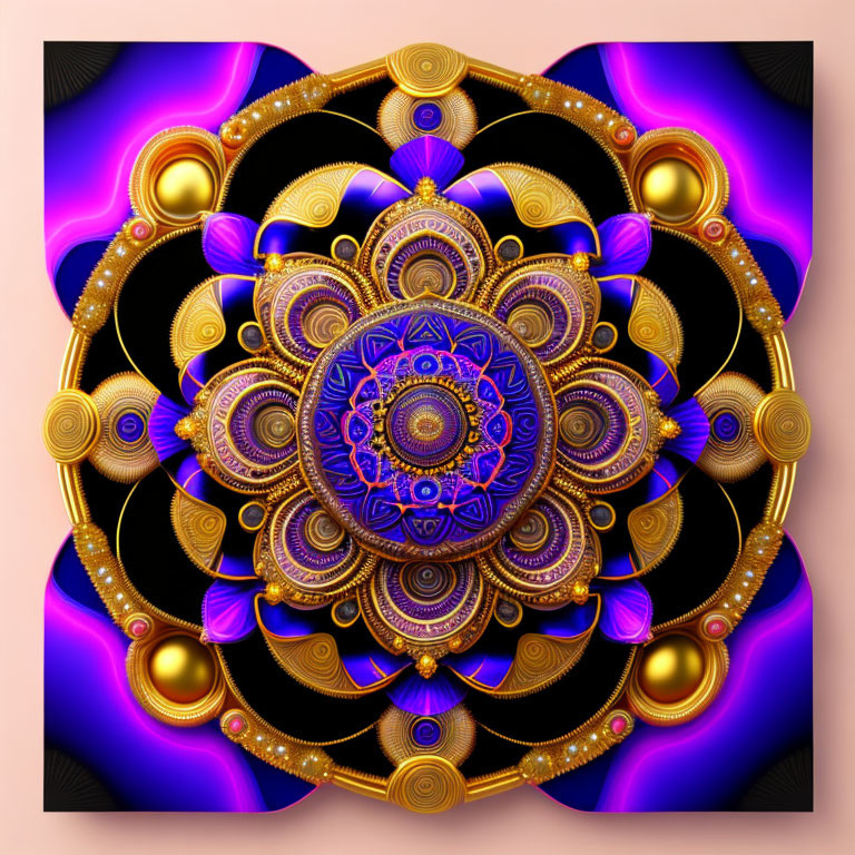 Symmetrical fractal mandala art with gold, purple, and blue patterns