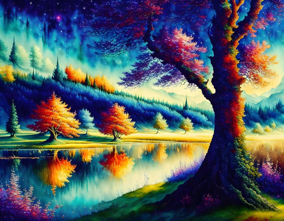 Colorful surreal landscape with large tree, serene lake reflection, under starry sky