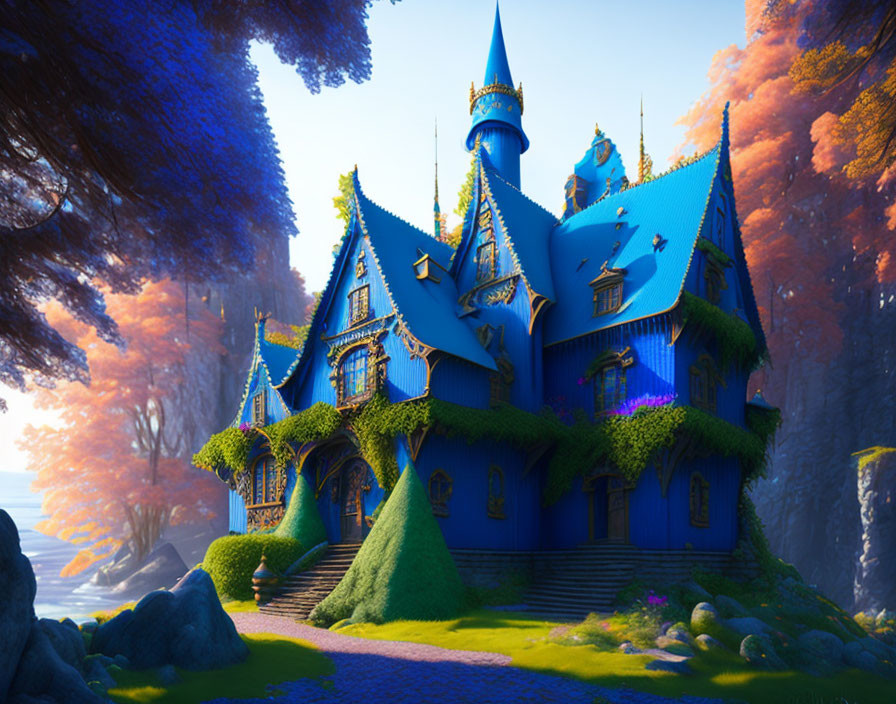 Fantasy-style castle with blue roofs in magical forest scene