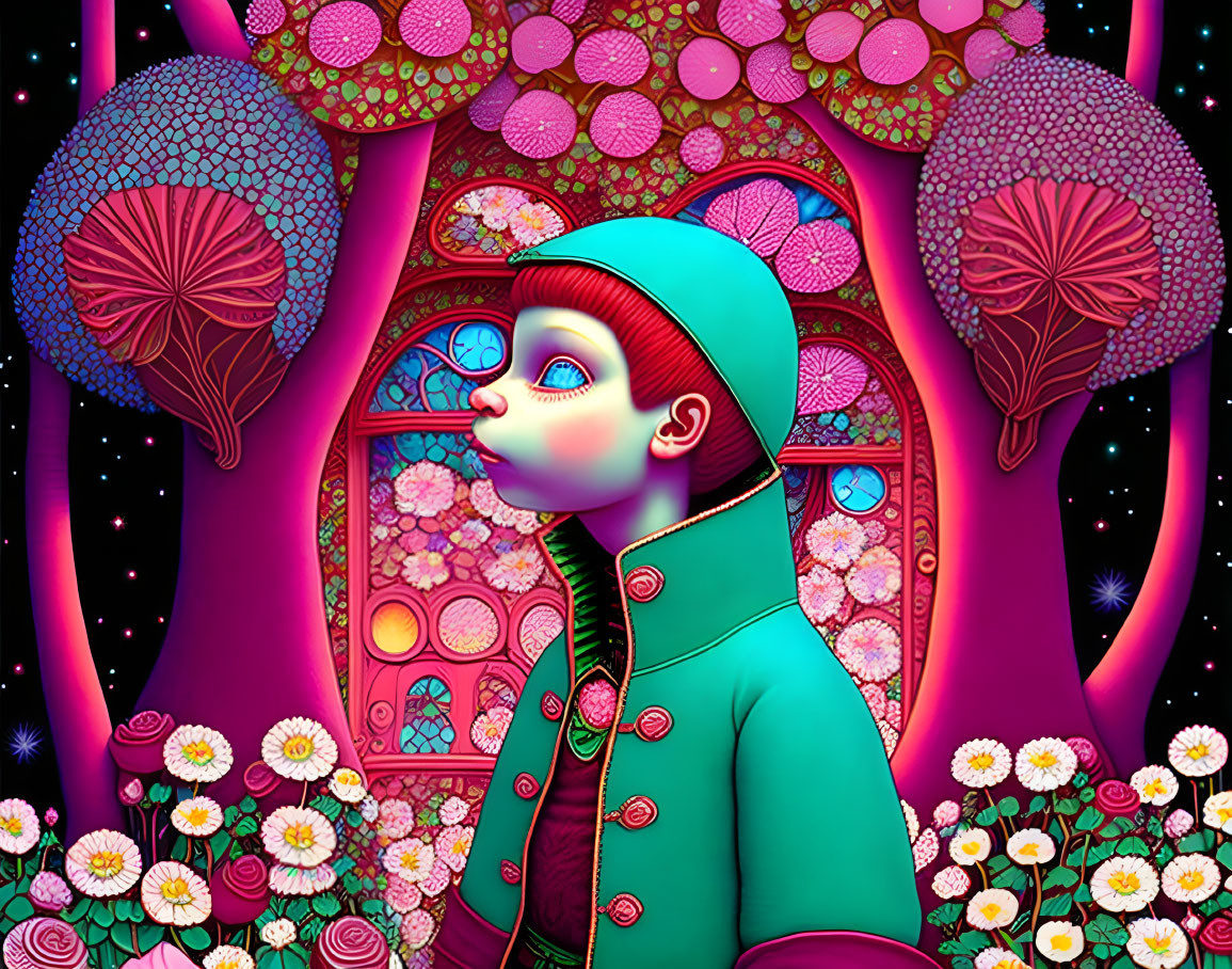 Colorful digital artwork: Child in teal coat surrounded by psychedelic nature scene