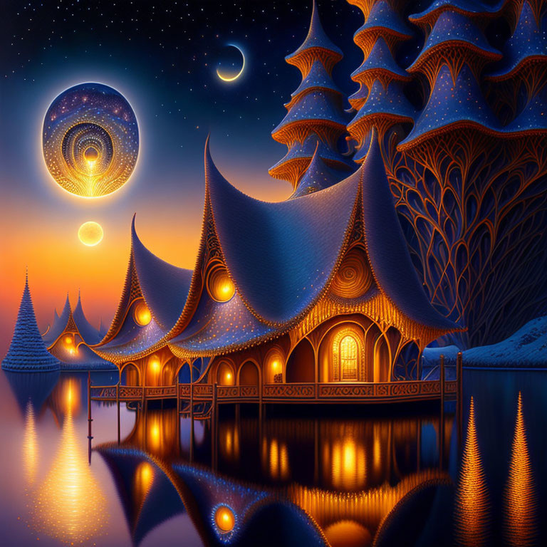 Fantasy buildings with intricate designs on a starlit lake