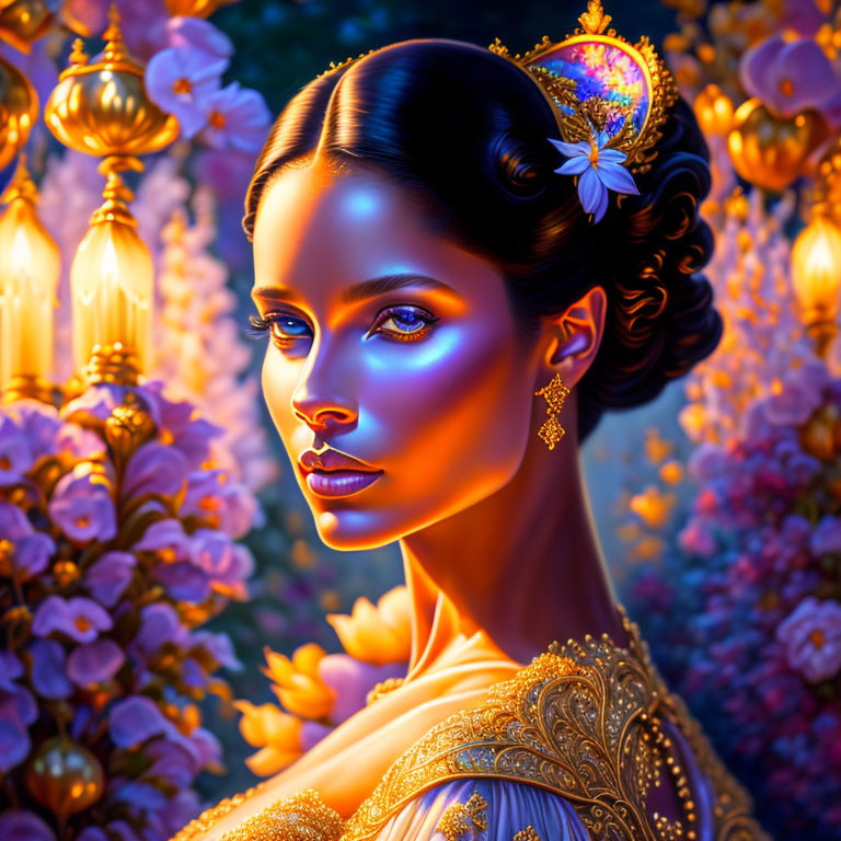 Digital artwork of woman with glowing skin, golden jewelry, and floral backdrop