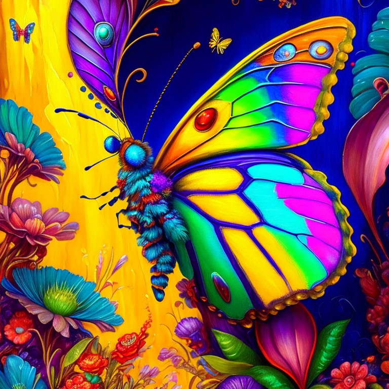 Colorful Butterfly Illustration with Flowers and Insects