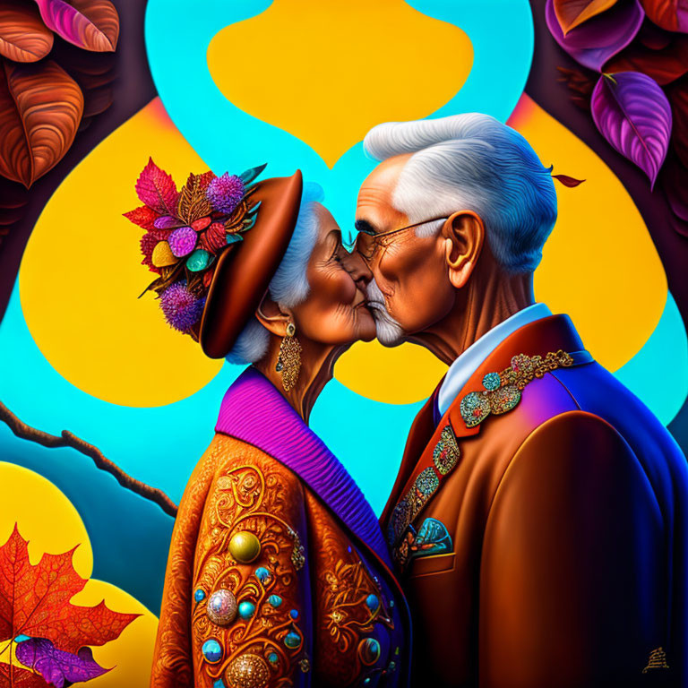 Elderly Couple Kissing in Colorful Attire Against Autumn Background