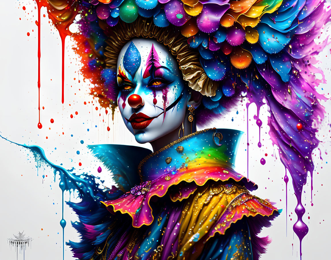 Colorful Clown Artwork with Ruffled Collar and Dripping Paint Effects