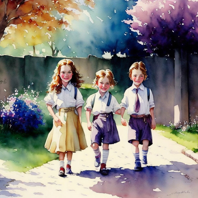 Three children in school uniforms walking down a sunny path with flowers and shadows.