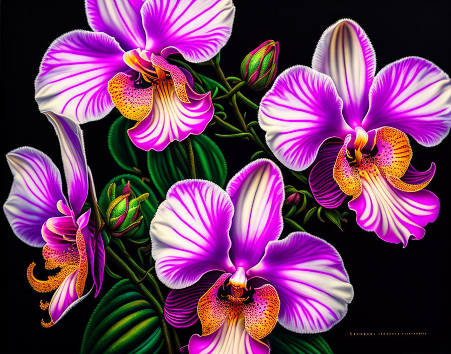 Purple and White Orchids with Yellow Accents on Dark Background