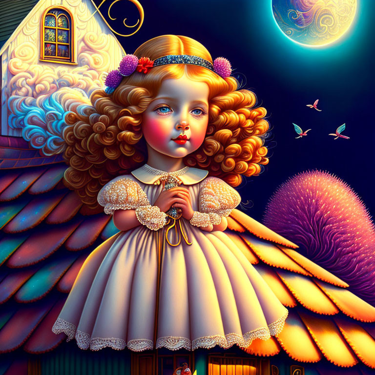 Young girl with curly hair in fairy tale scene with whimsical house, moon, butterflies, and star