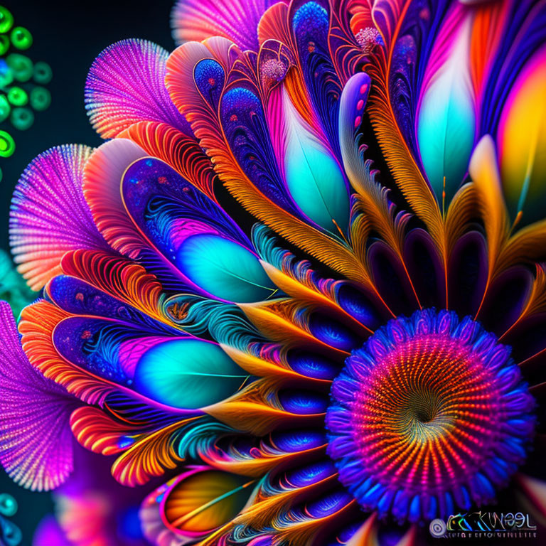 Neon-colored feather-like structures in intricate digital art