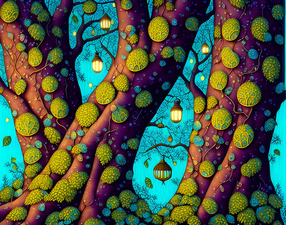 Mystical forest at night with glowing lanterns and intricate foliage patterns