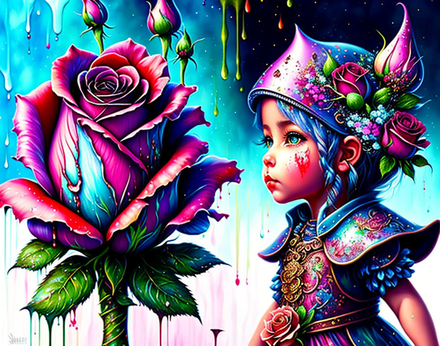 Colorful artwork: young girl with blue eyes and flowers, giant rose with blue and pink petals,