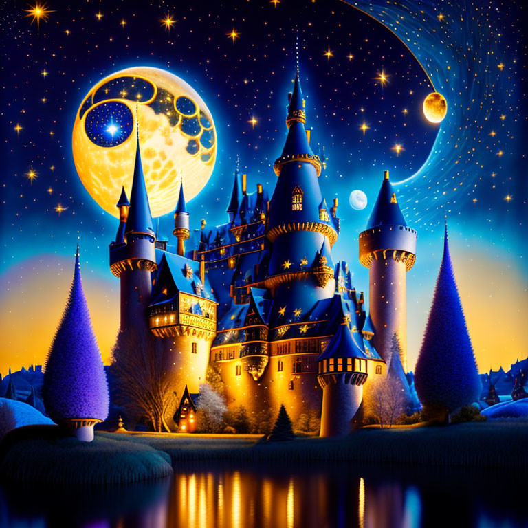 Castle at Night with Starry Skies, Crescent Moon, and Reflection in Lake