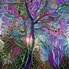 Colorful psychedelic tree with fish and foliage in underwater fantasy