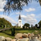 Vibrant landscape painting: village, church, hills & flowers