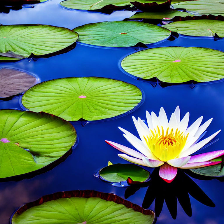 Vibrant water lily blooming on calm blue water