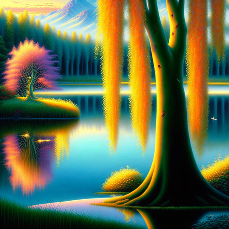 Surreal landscape with luminous trees, reflective water, and distant mountain